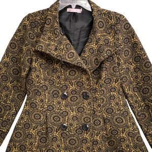 Vintage Pea Coat Sz M Tapestry Style Black Gold Floral Print Boho Chic Retro 70s